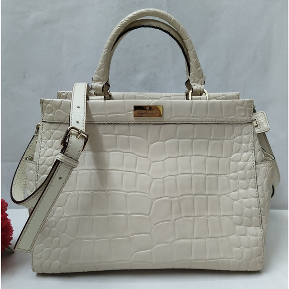 Kate Spade New York Ivory Leather Crocodile Embossed Top Handle Satchel Bag - Picture 1 of 16